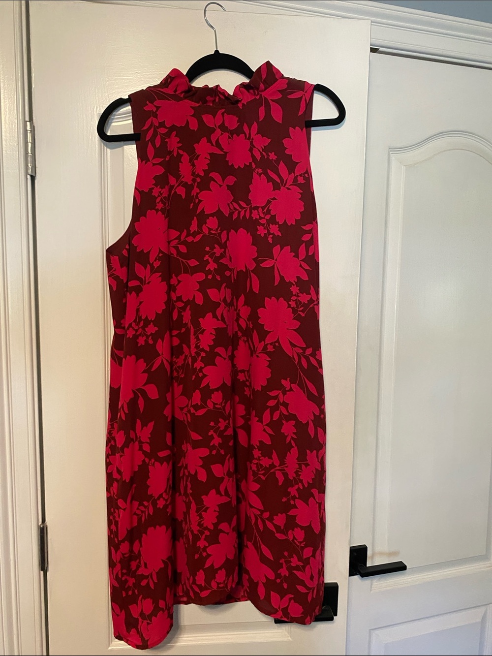 Gibson Red Dress with Hot Pink Floral Ruffle Neck